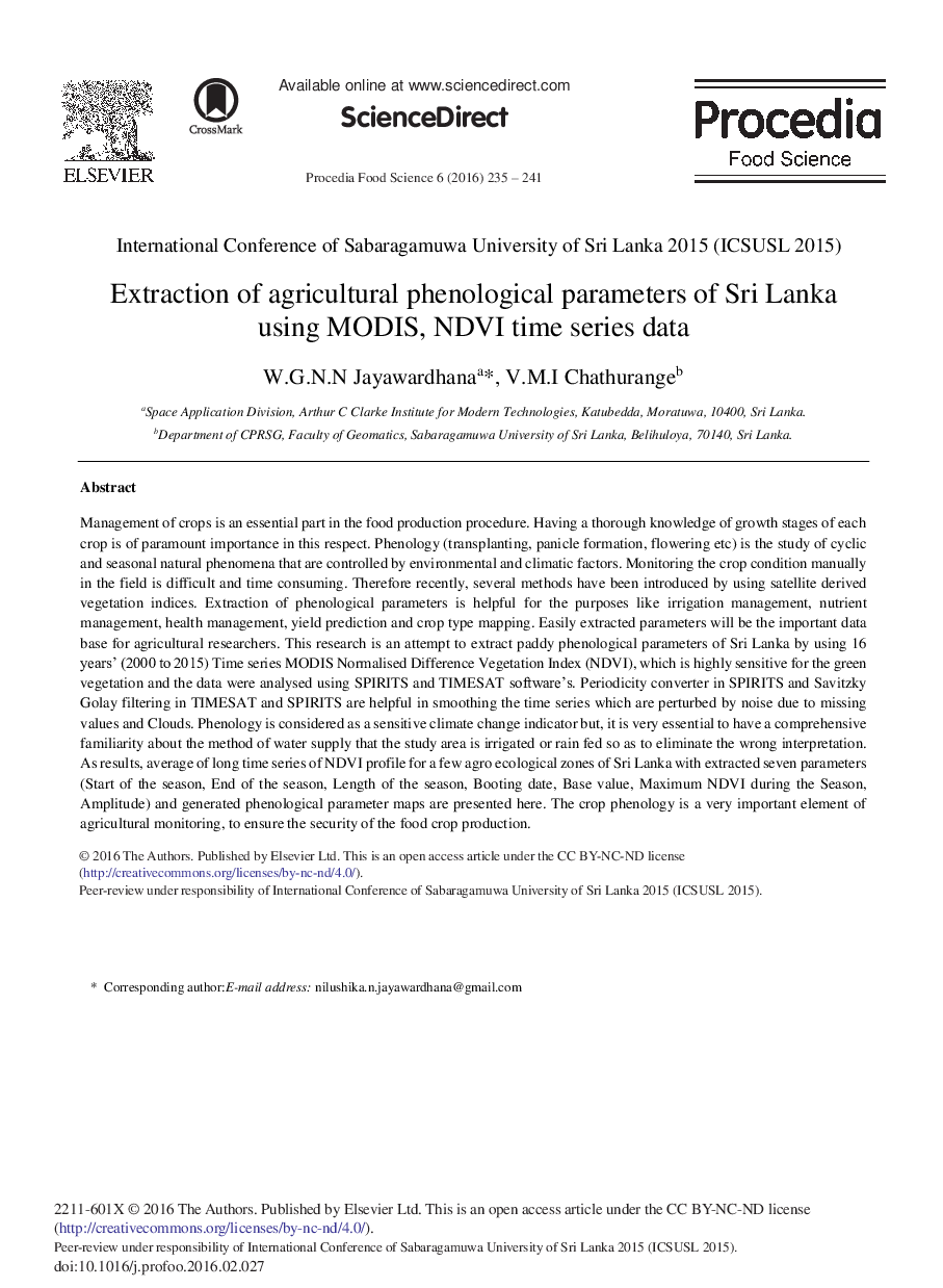 Extraction of Agricultural Phenological Parameters of Sri Lanka Using MODIS, NDVI Time Series Data 