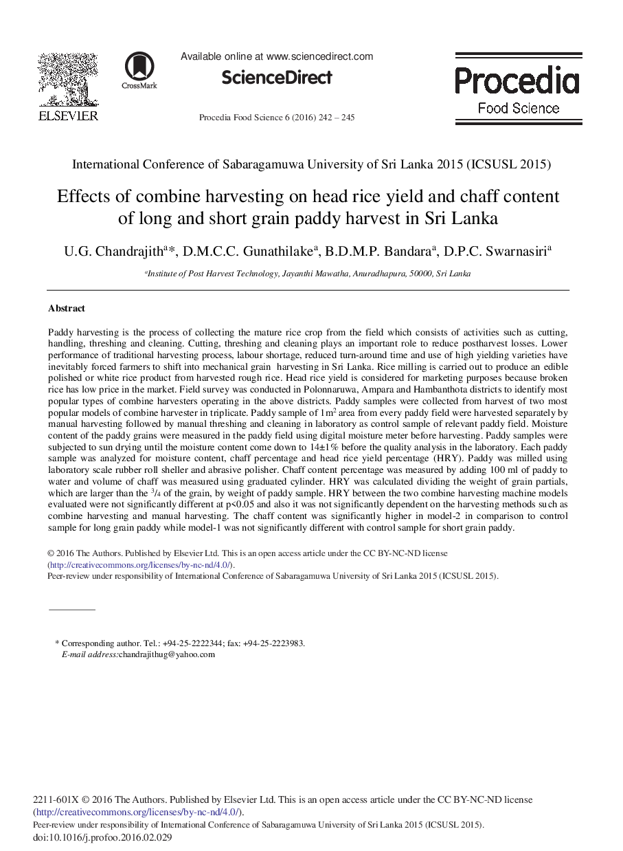 Effects of Combine Harvesting on Head Rice Yield and Chaff Content of Long and Short Grain Paddy Harvest in Sri Lanka 