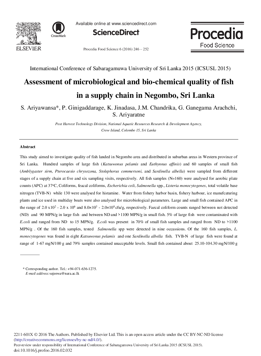 Assessment of Microbiological and Bio-chemical Quality of Fish in a Supply Chain in Negombo, Sri Lanka 