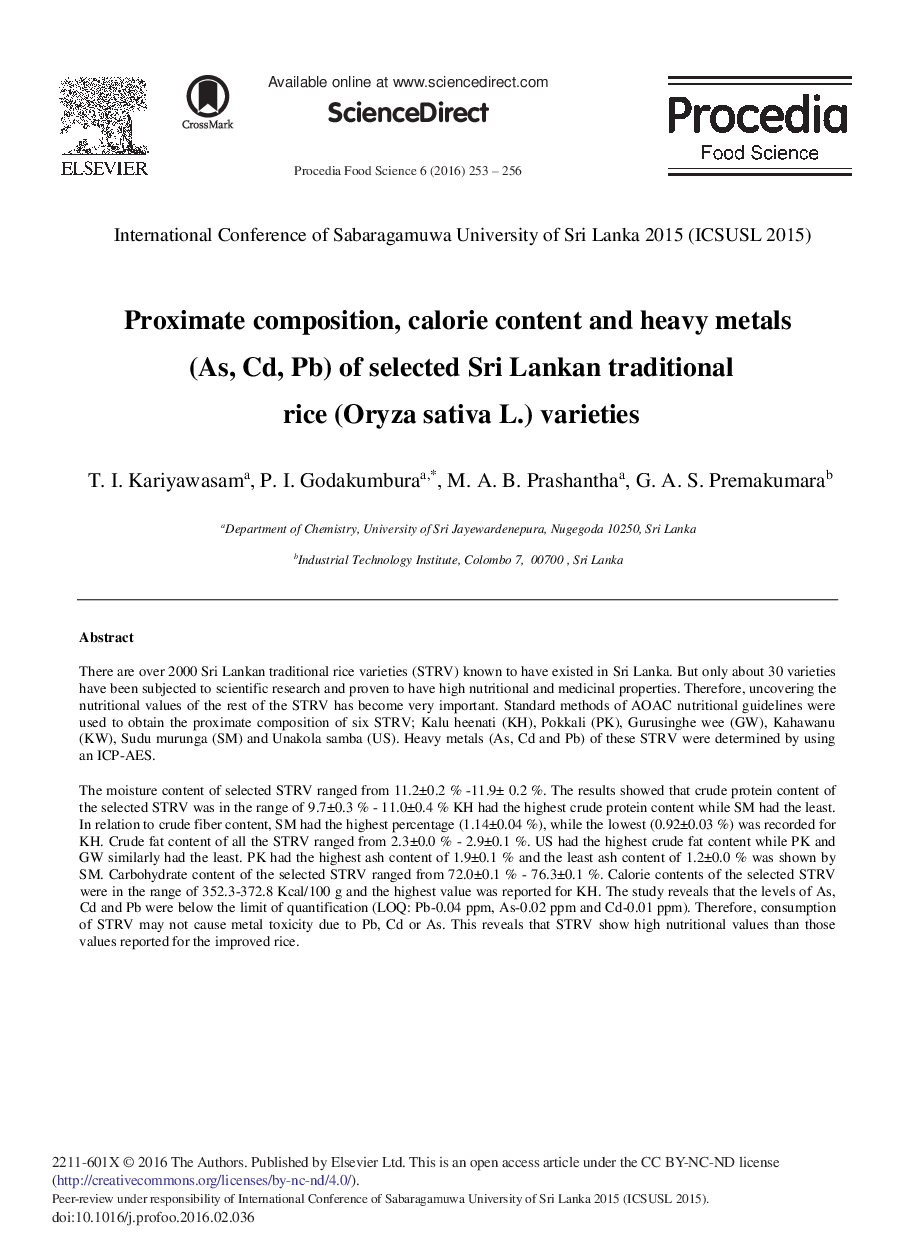 Proximate Composition, Calorie Content and Heavy Metals (As, Cd, Pb) of Selected Sri Lankan Traditional Rice (Oryza Sativa L.) Varieties 