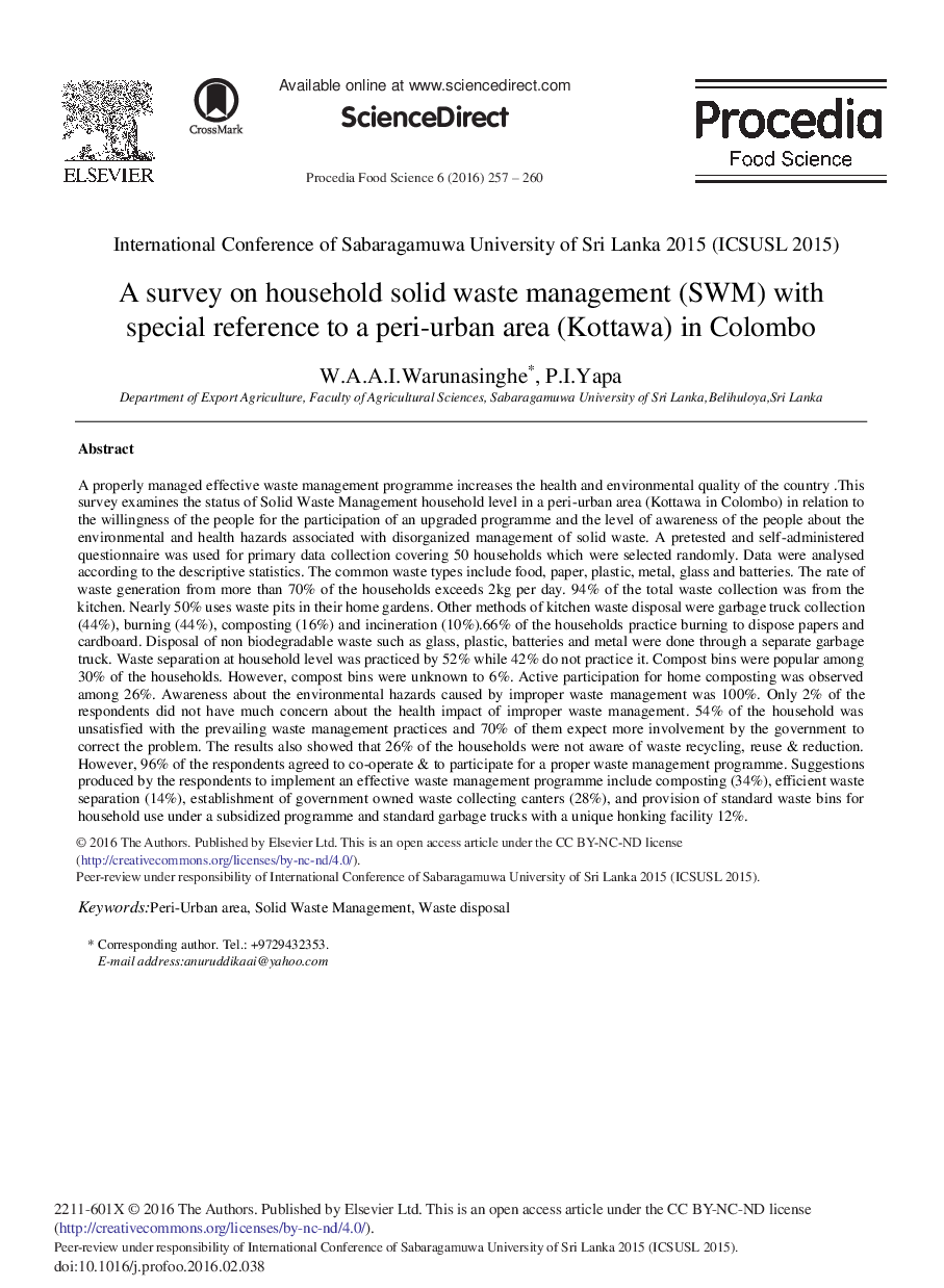 A Survey on Household Solid Waste Management (SWM) with Special Reference to a Peri-urban Area (Kottawa) in Colombo 