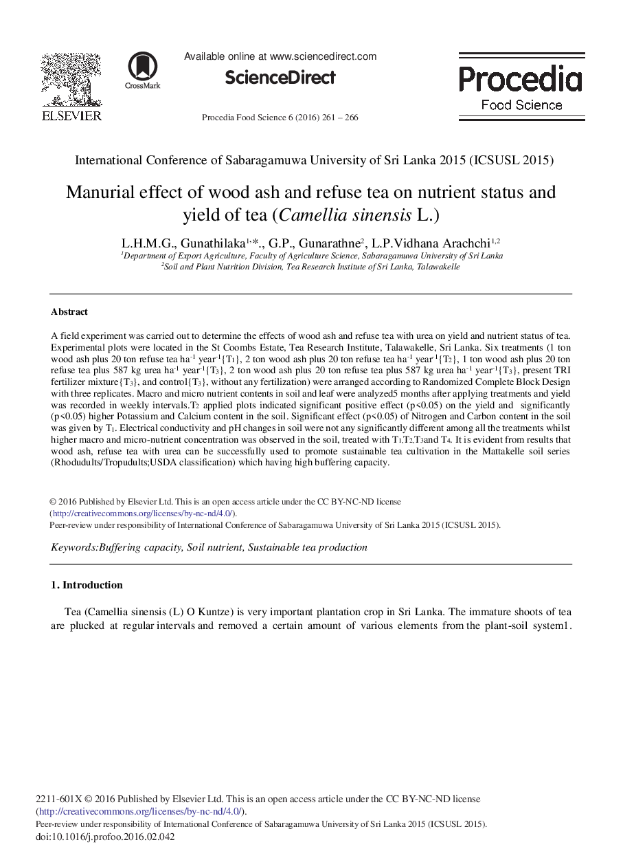 Manurial Effect of Wood Ash and Refuse Tea on Nutrient Status and Yield of Tea (Camellia Sinensis L.) 