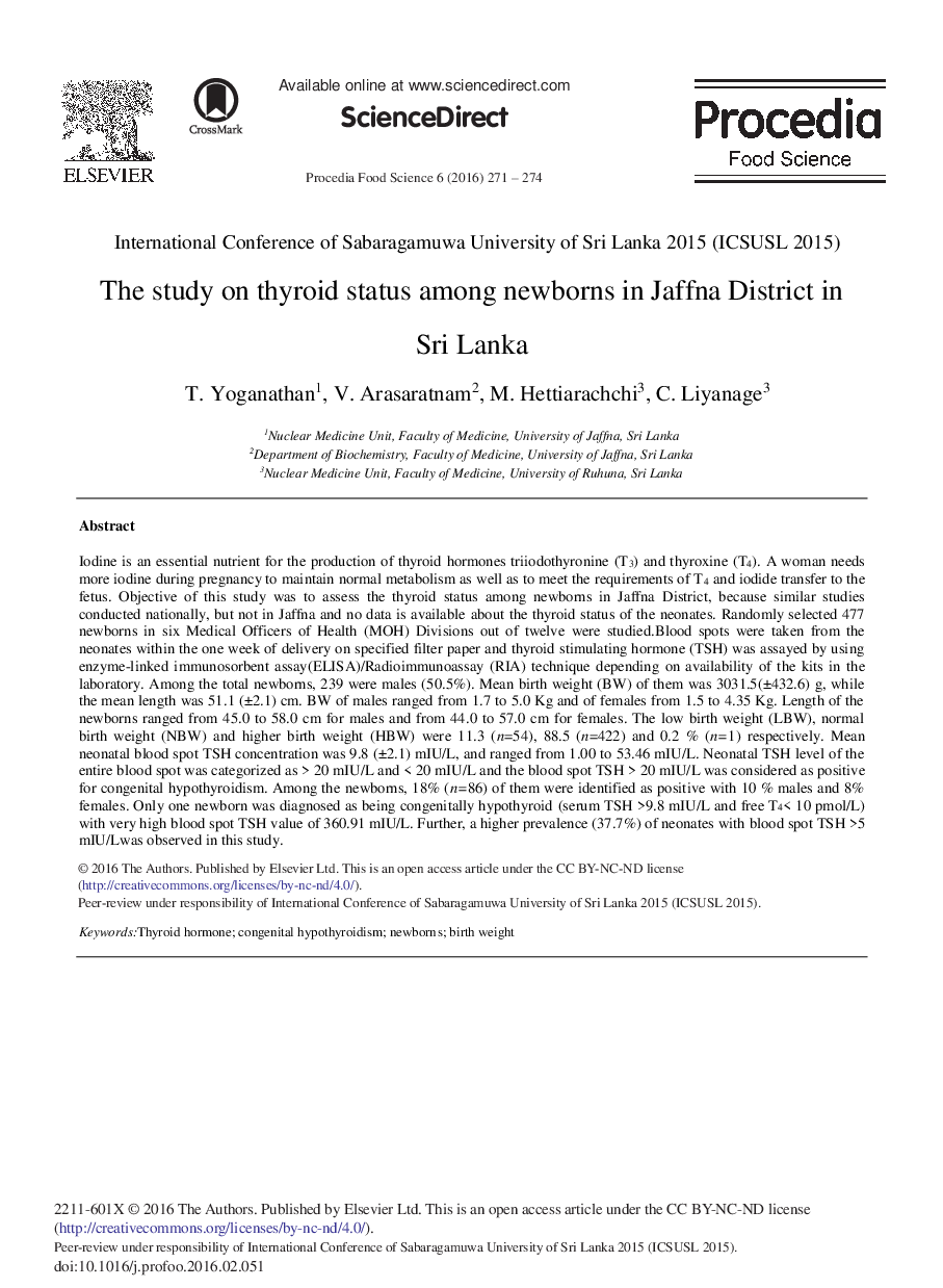 The Study on Thyroid Status among Newborns in Jaffna District in Sri Lanka 