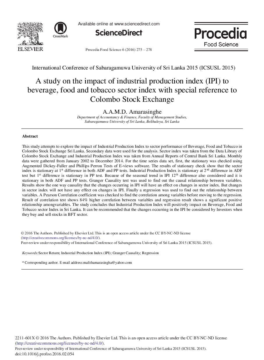 A Study on the Impact of Industrial Production Index (IPI) to Beverage, Food and Tobacco Sector Index with Special Reference to Colombo Stock Exchange 