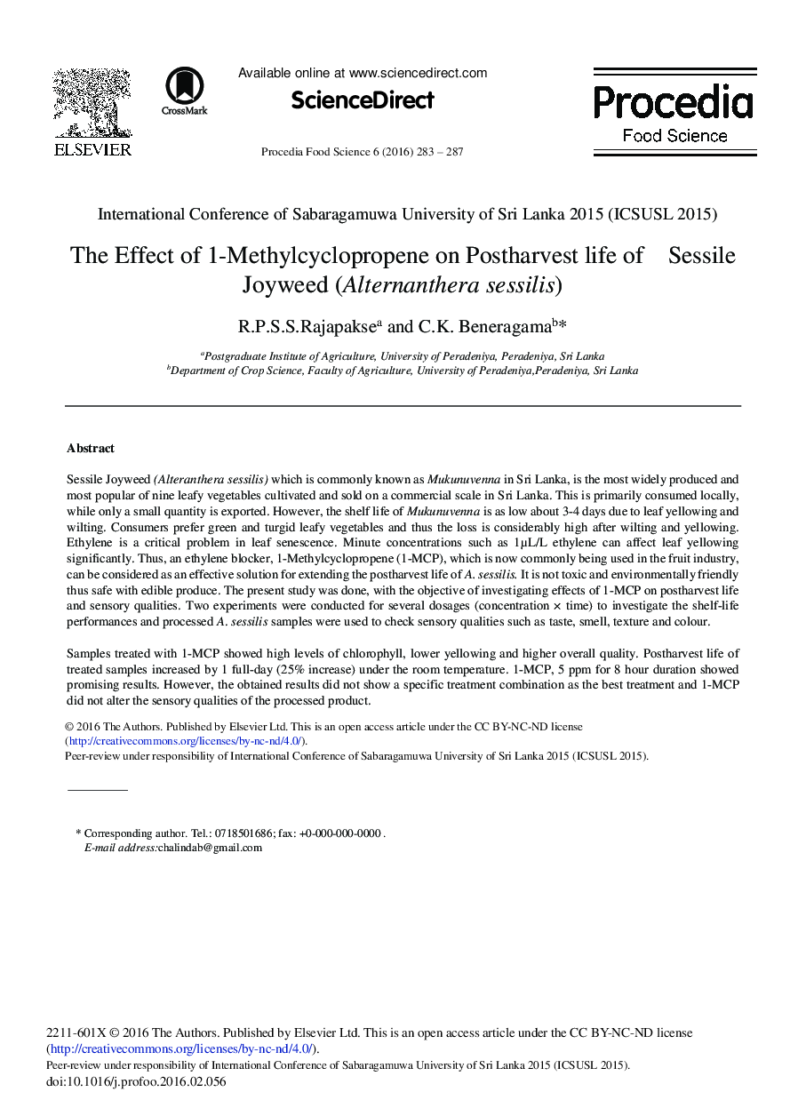 The Effect of 1-Methylcyclopropene on Postharvest Life of Sessile Joyweed (Alternanthera Sessilis) 