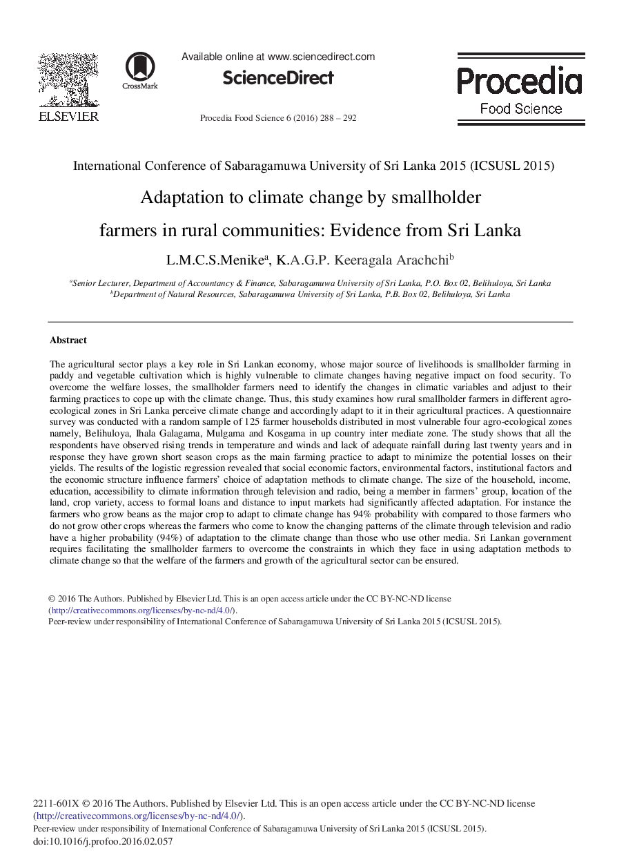 Adaptation to Climate Change by Smallholder Farmers in Rural Communities: Evidence from Sri Lanka 