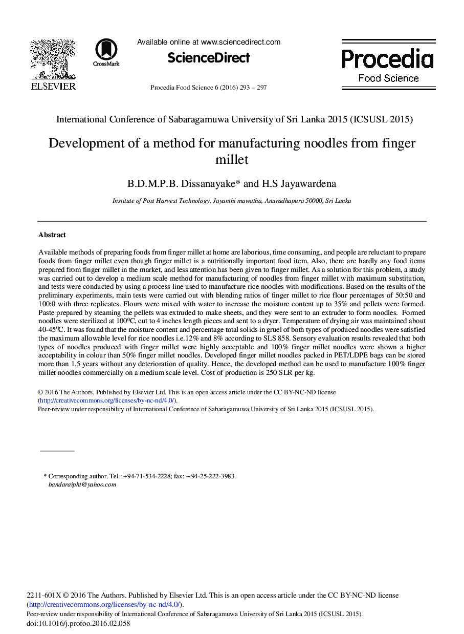 Development of a Method for Manufacturing Noodles from Finger Millet 