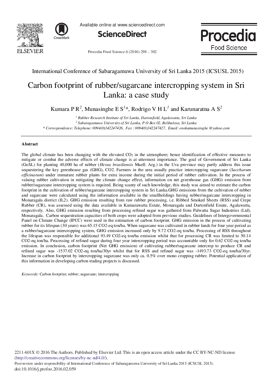 Carbon Footprint of Rubber/Sugarcane Intercropping System in Sri Lanka: A Case Study 