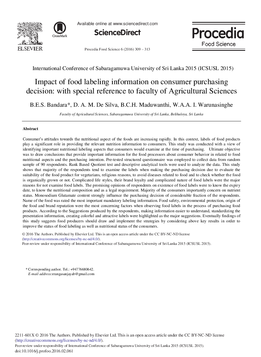 Impact of Food Labeling Information on Consumer Purchasing Decision: With Special Reference to Faculty of Agricultural Sciences 