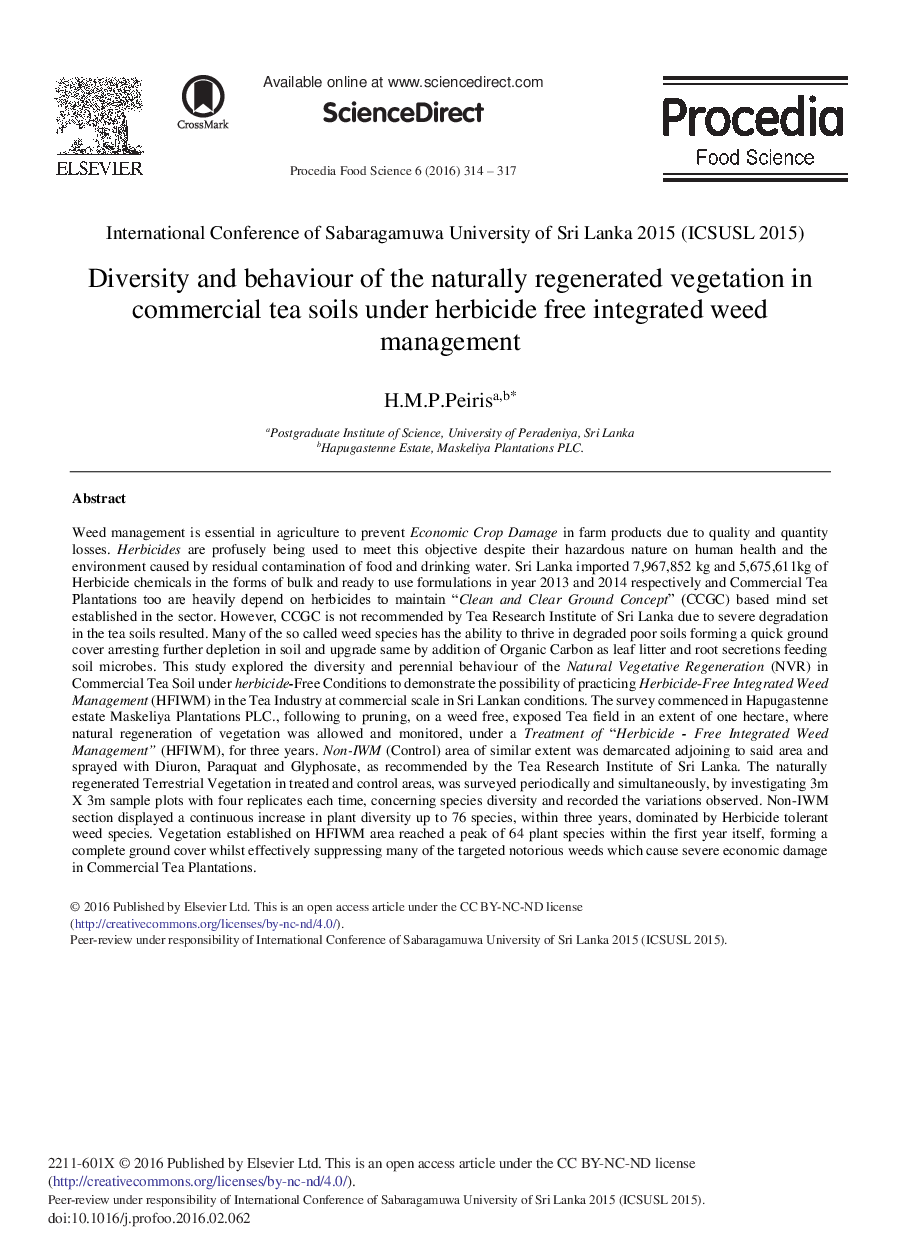 Diversity and Behaviour of the Naturally Regenerated Vegetation in Commercial Tea Soils Under Herbicide Free Integrated Weed Management 