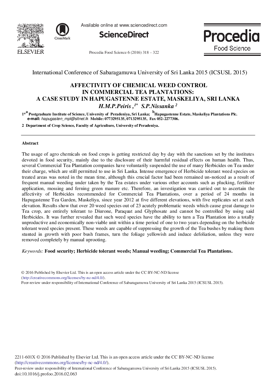 Affectivity of Chemical Weed Control in Commercial Tea Plantations: A Case Study in Hapugastenne Estate, Maskeliya, Sri Lanka 