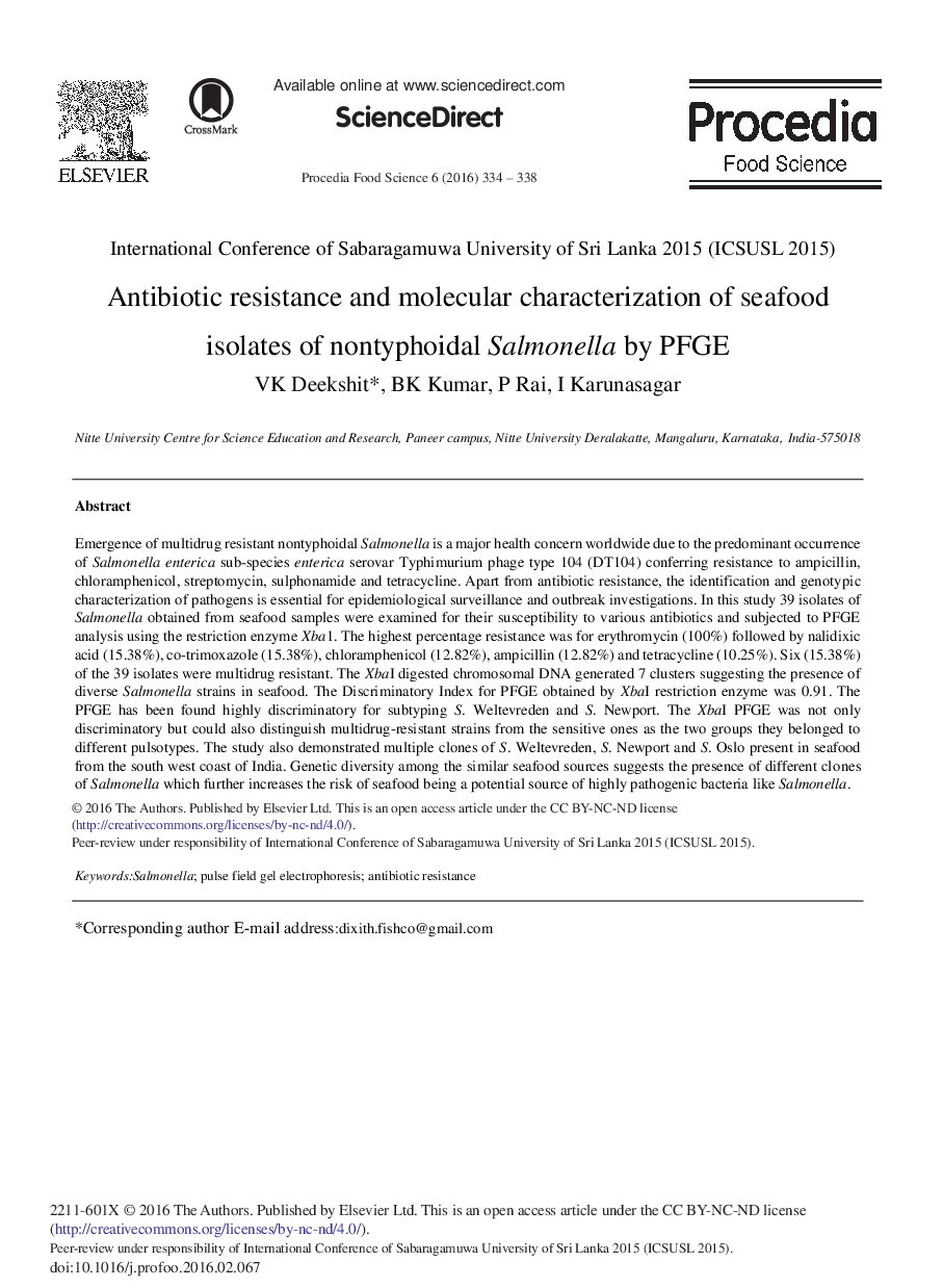 Antibiotic Resistance and Molecular Characterization of Seafood Isolates of Nontyphoidal Salmonella by PFGE 