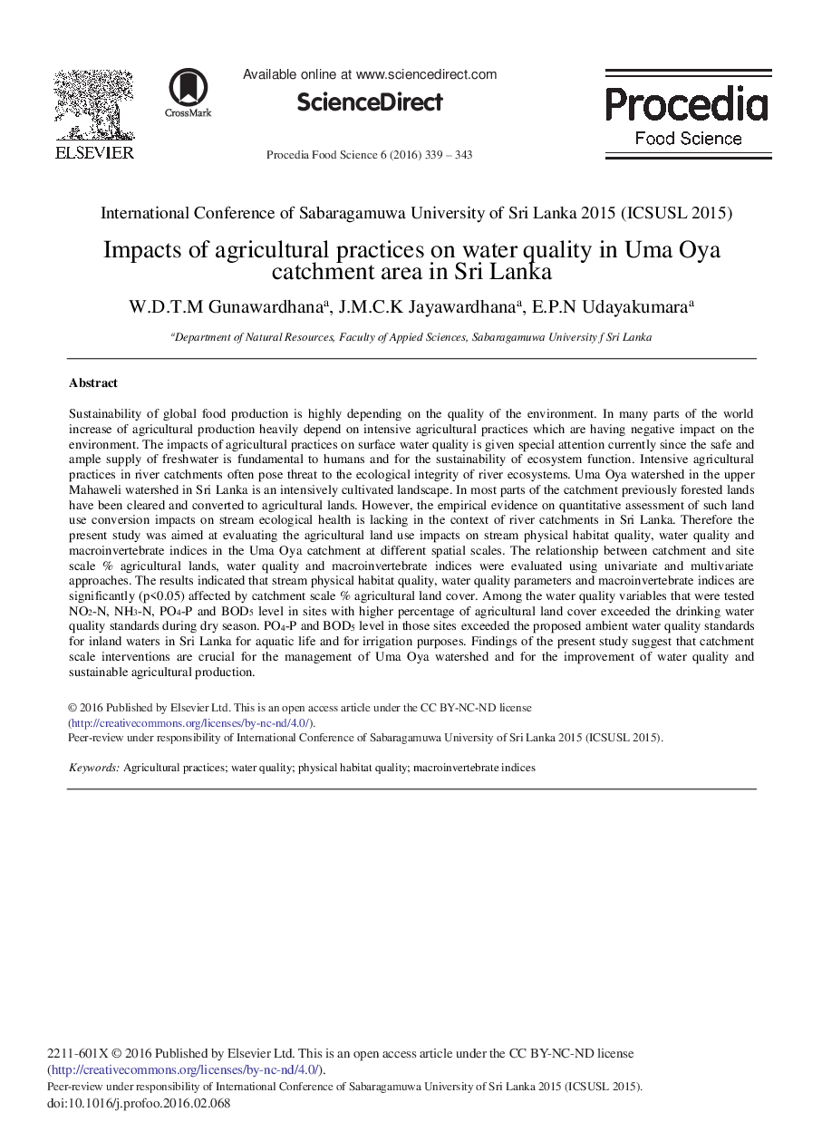 Impacts of Agricultural Practices on Water Quality in Uma Oya Catchment Area in Sri Lanka 