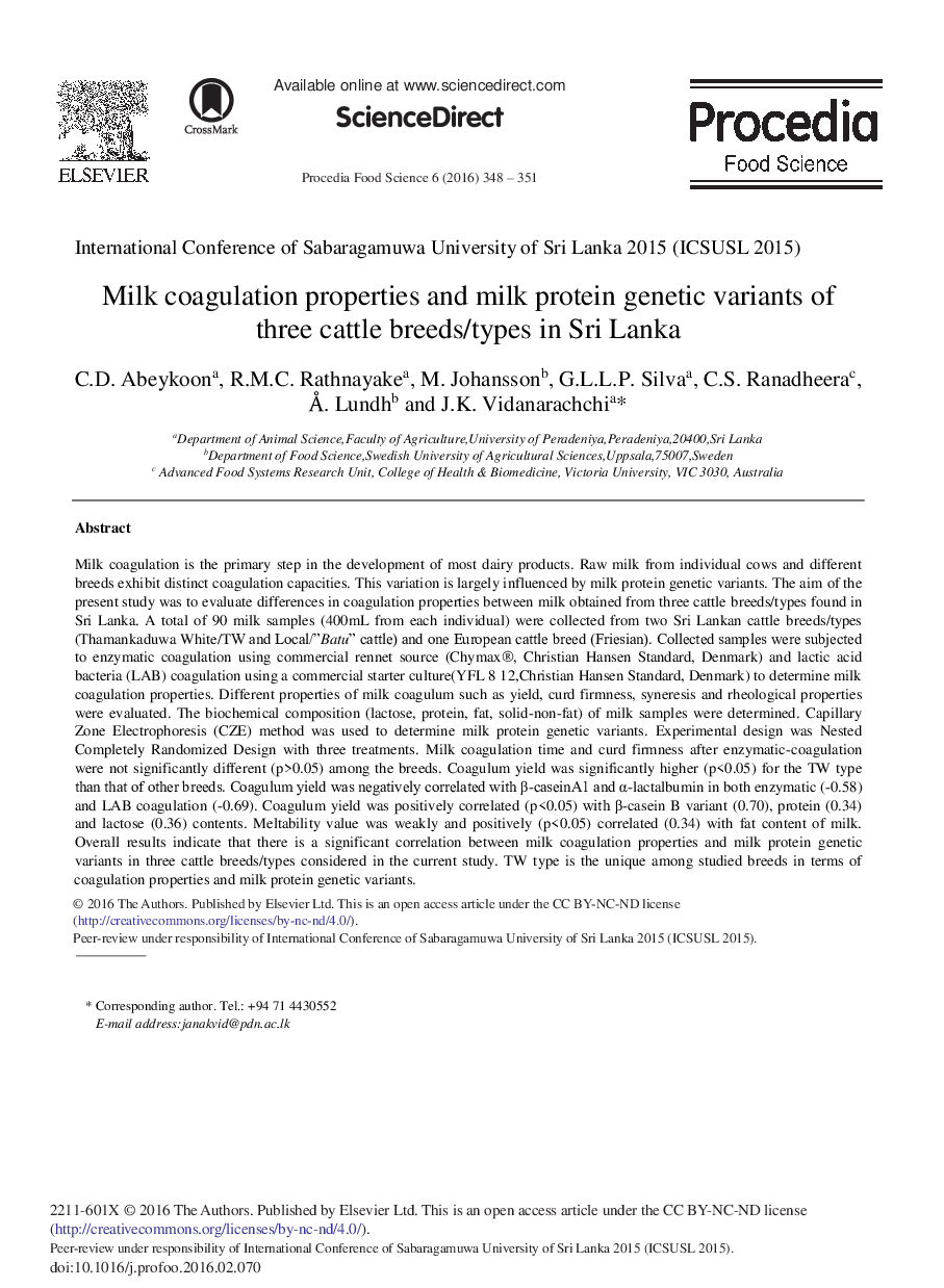 Milk Coagulation Properties and Milk Protein Genetic Variants of Three Cattle Breeds/Types in Sri Lanka 