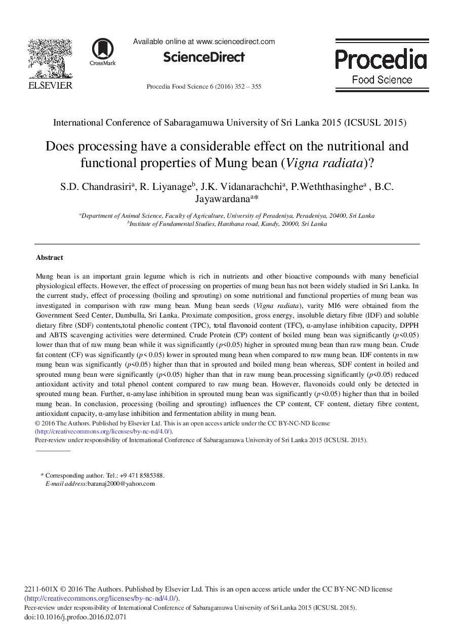 Does Processing have a Considerable Effect on the Nutritional and Functional Properties of Mung Bean (Vigna Radiata)? 