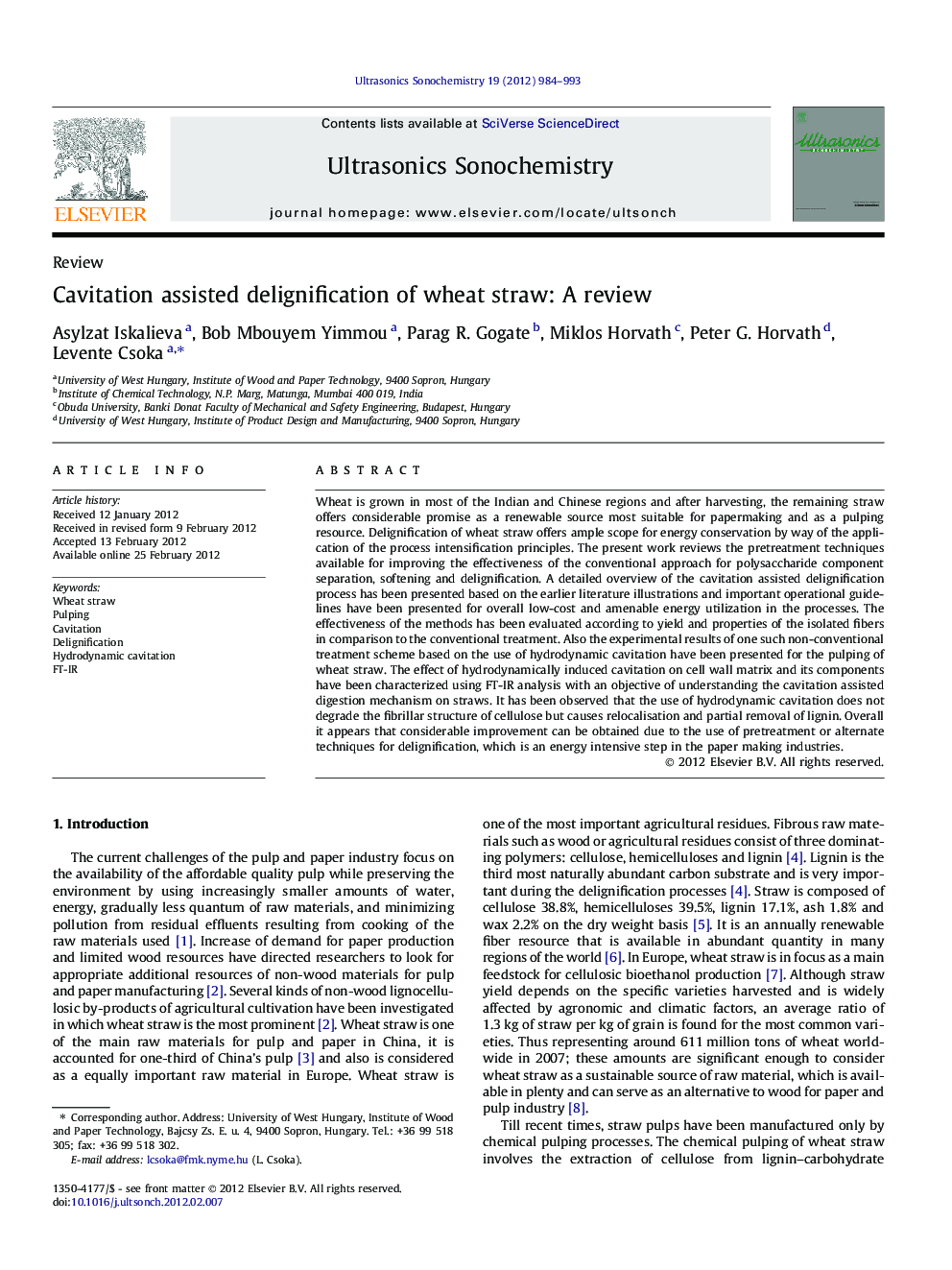 Cavitation assisted delignification of wheat straw: A review