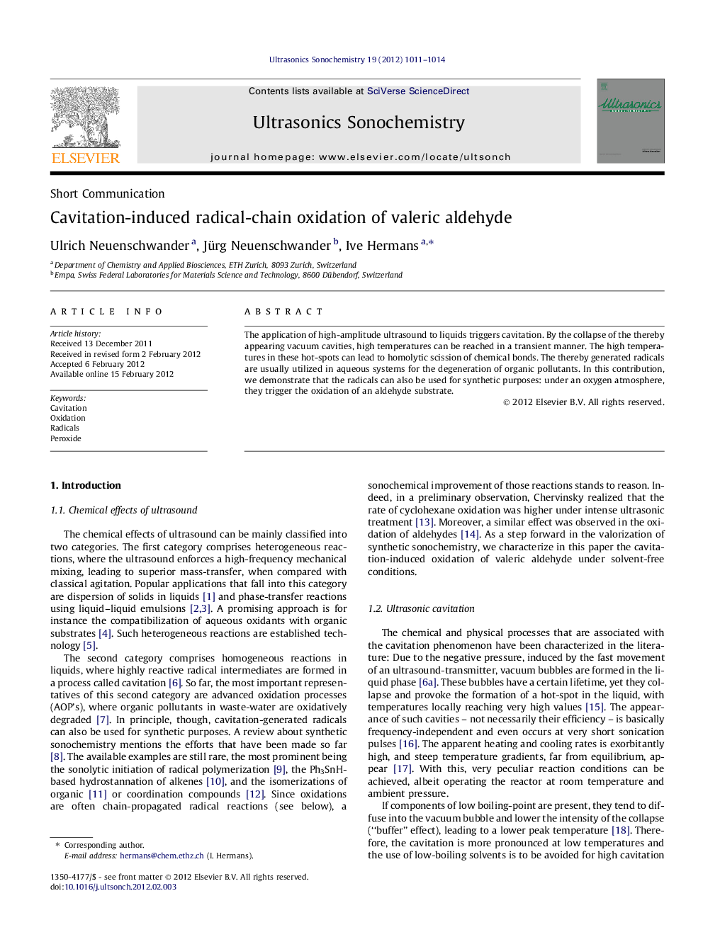 Cavitation-induced radical-chain oxidation of valeric aldehyde