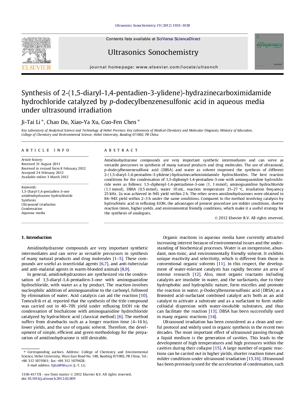 Synthesis of 2-(1,5-diaryl-1,4-pentadien-3-ylidene)-hydrazinecarboximidamide hydrochloride catalyzed by p-dodecylbenzenesulfonic acid in aqueous media under ultrasound irradiation