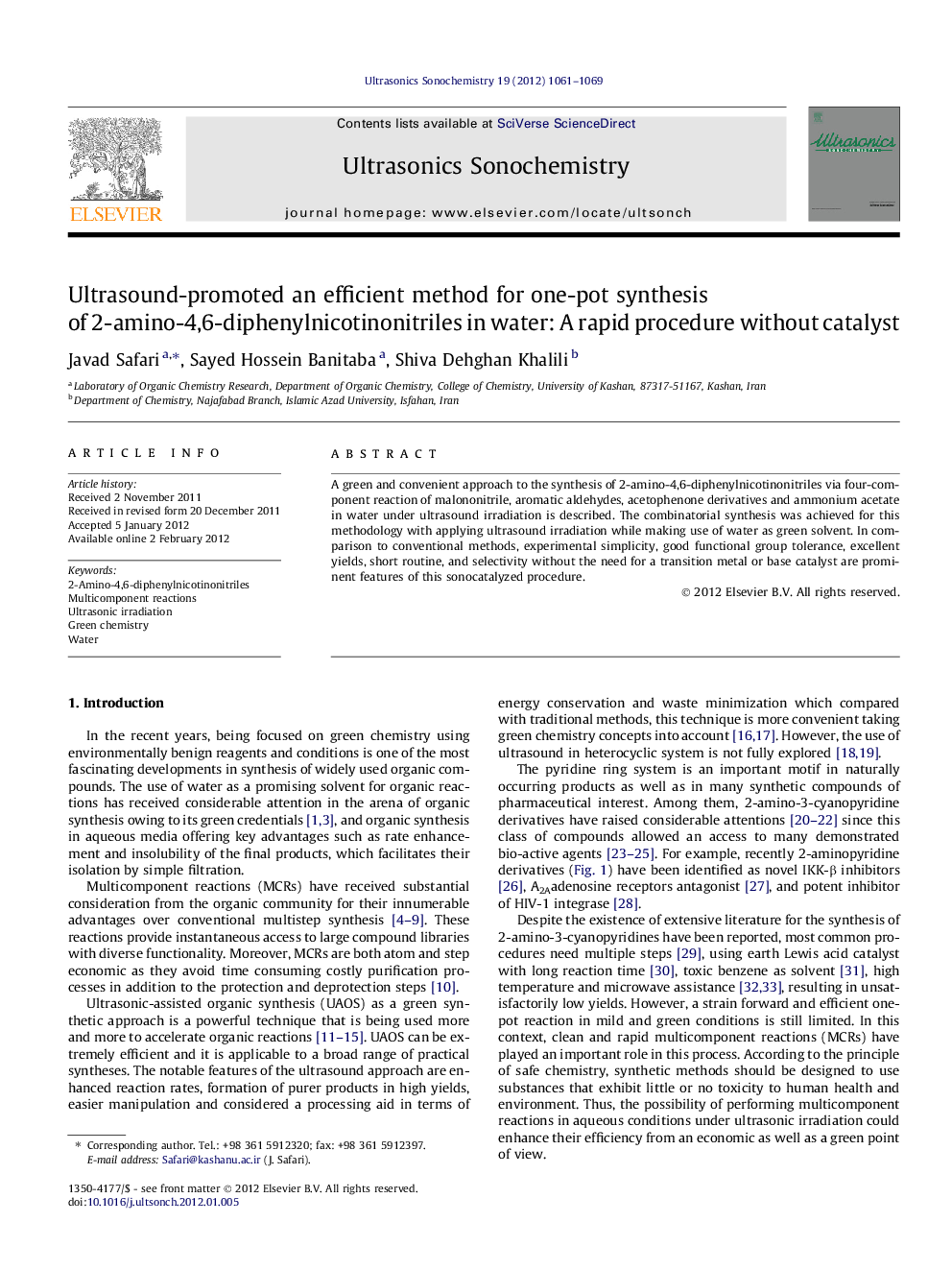 Ultrasound-promoted an efficient method for one-pot synthesis of 2-amino-4,6-diphenylnicotinonitriles in water: A rapid procedure without catalyst