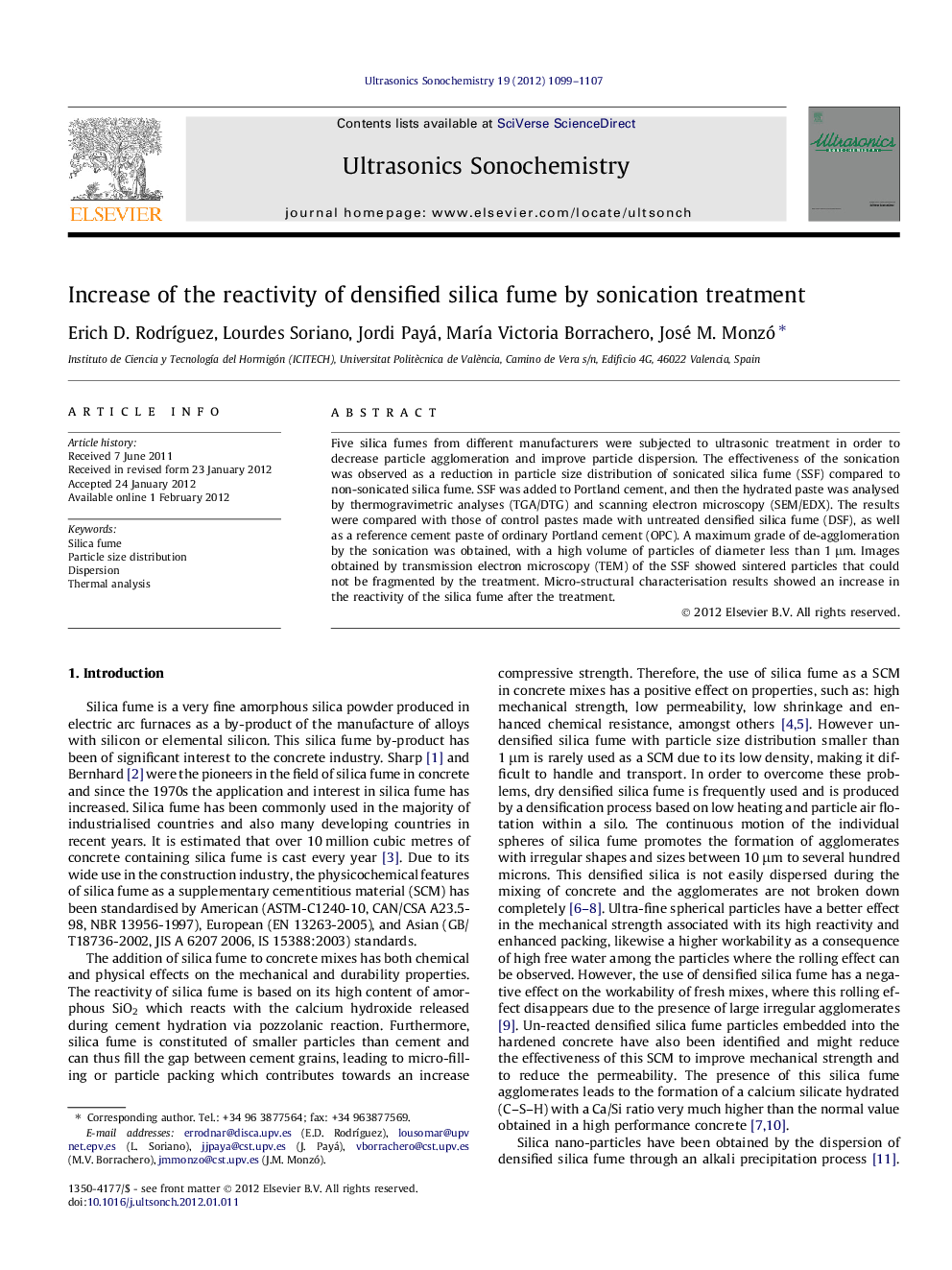 Increase of the reactivity of densified silica fume by sonication treatment