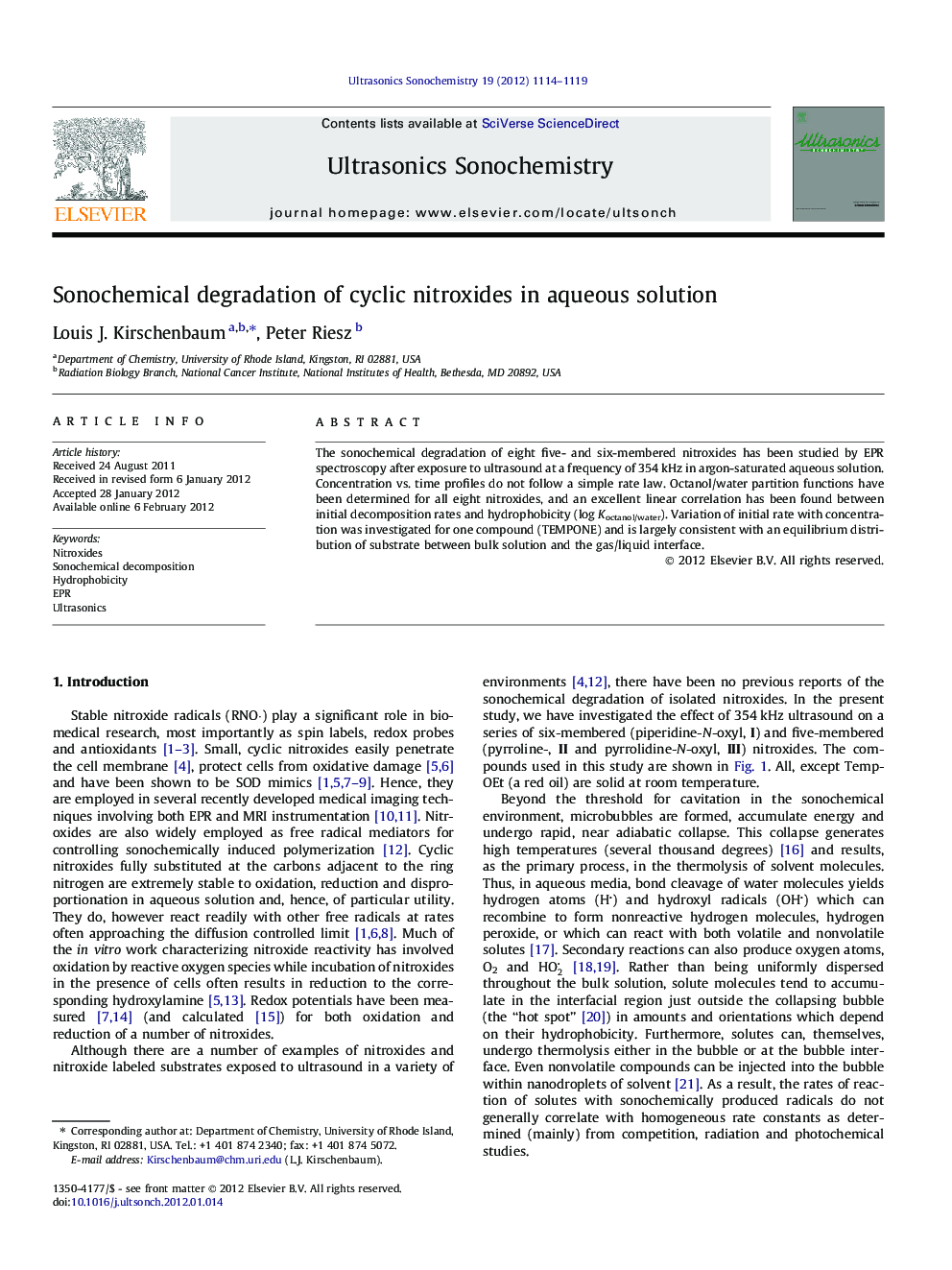 Sonochemical degradation of cyclic nitroxides in aqueous solution