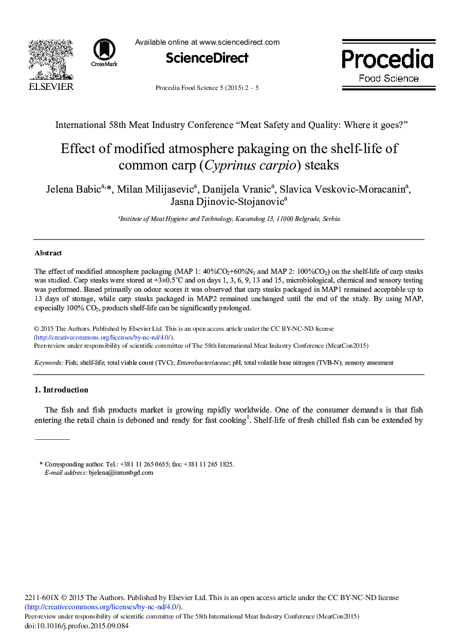 Effect of Modified Atmosphere Pakaging on the Shelf-life of Common Carp (Cyprinus carpio) Steaks 