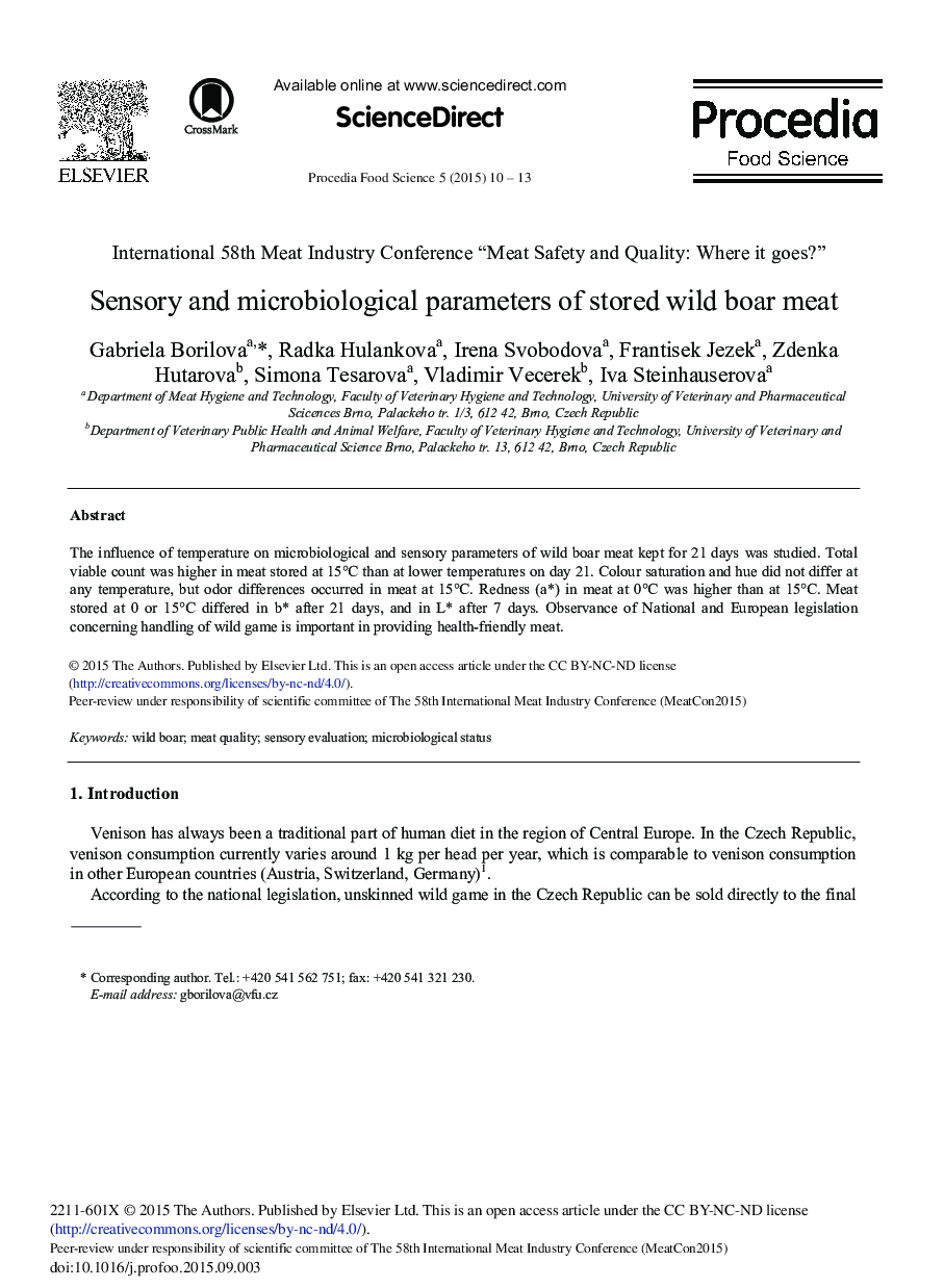 Sensory and Microbiological Parameters of Stored Wild Boar Meat 