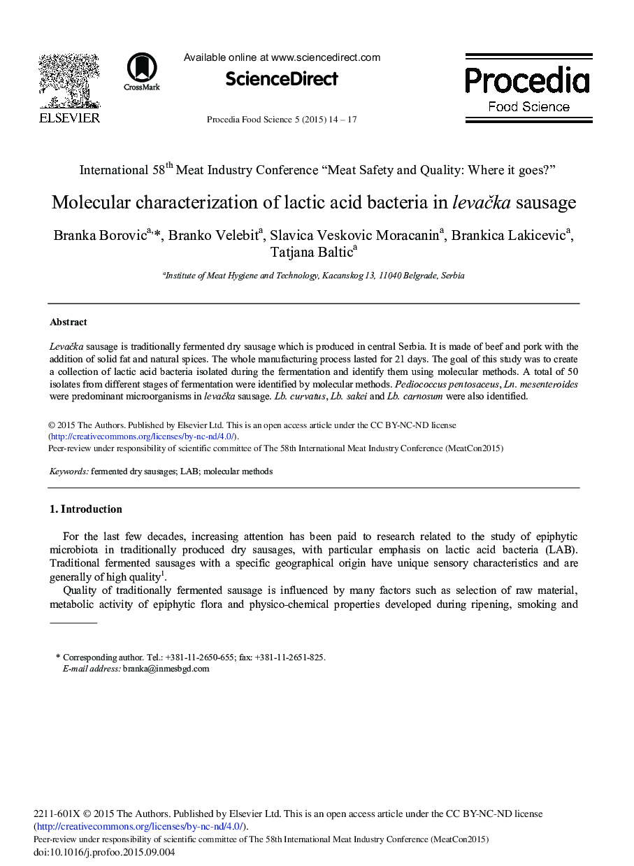 Molecular Characterization of Lactic Acid Bacteria in Levačka Sausage 