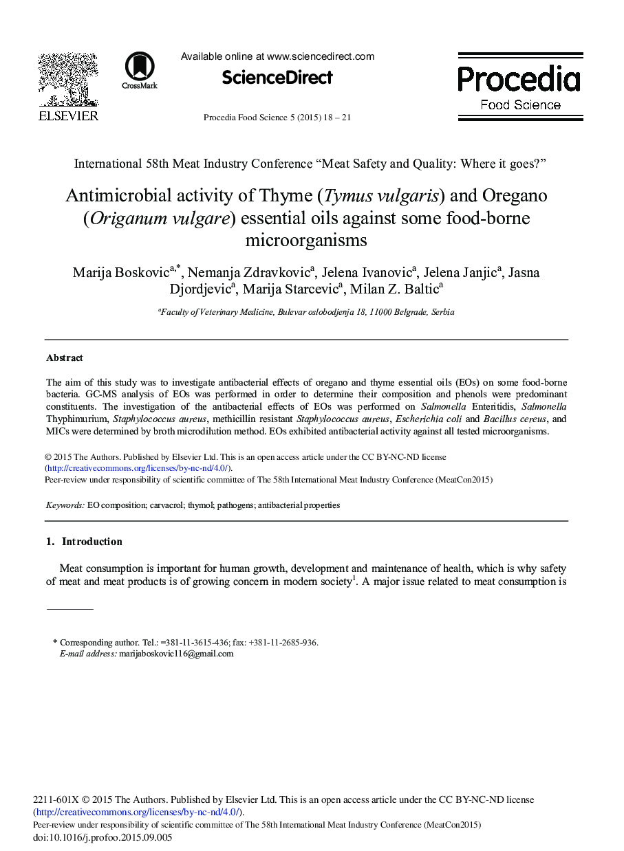 Antimicrobial Activity of Thyme (Tymus vulgaris) and Oregano (Origanum vulgare) Essential Oils against Some Food-borne Microorganisms 