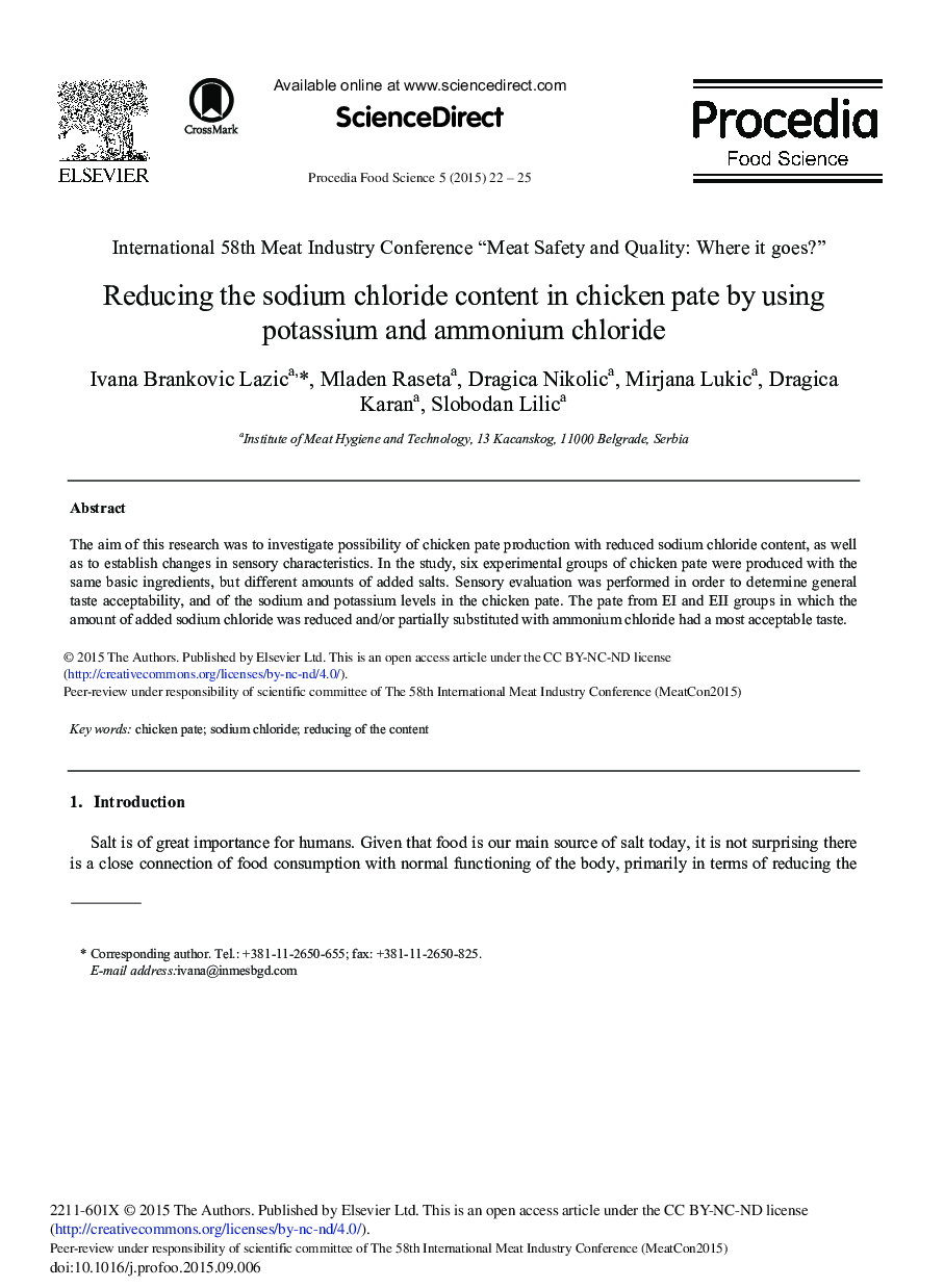 Reducing the Sodium Chloride Content in Chicken Pate by Using Potassium and Ammonium Chloride 