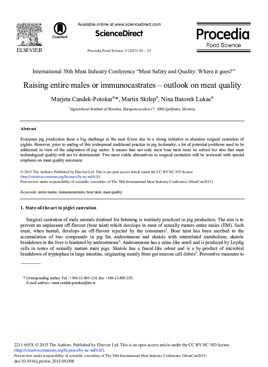 Raising Entire Males or Immunocastrates – Outlook on Meat Quality 