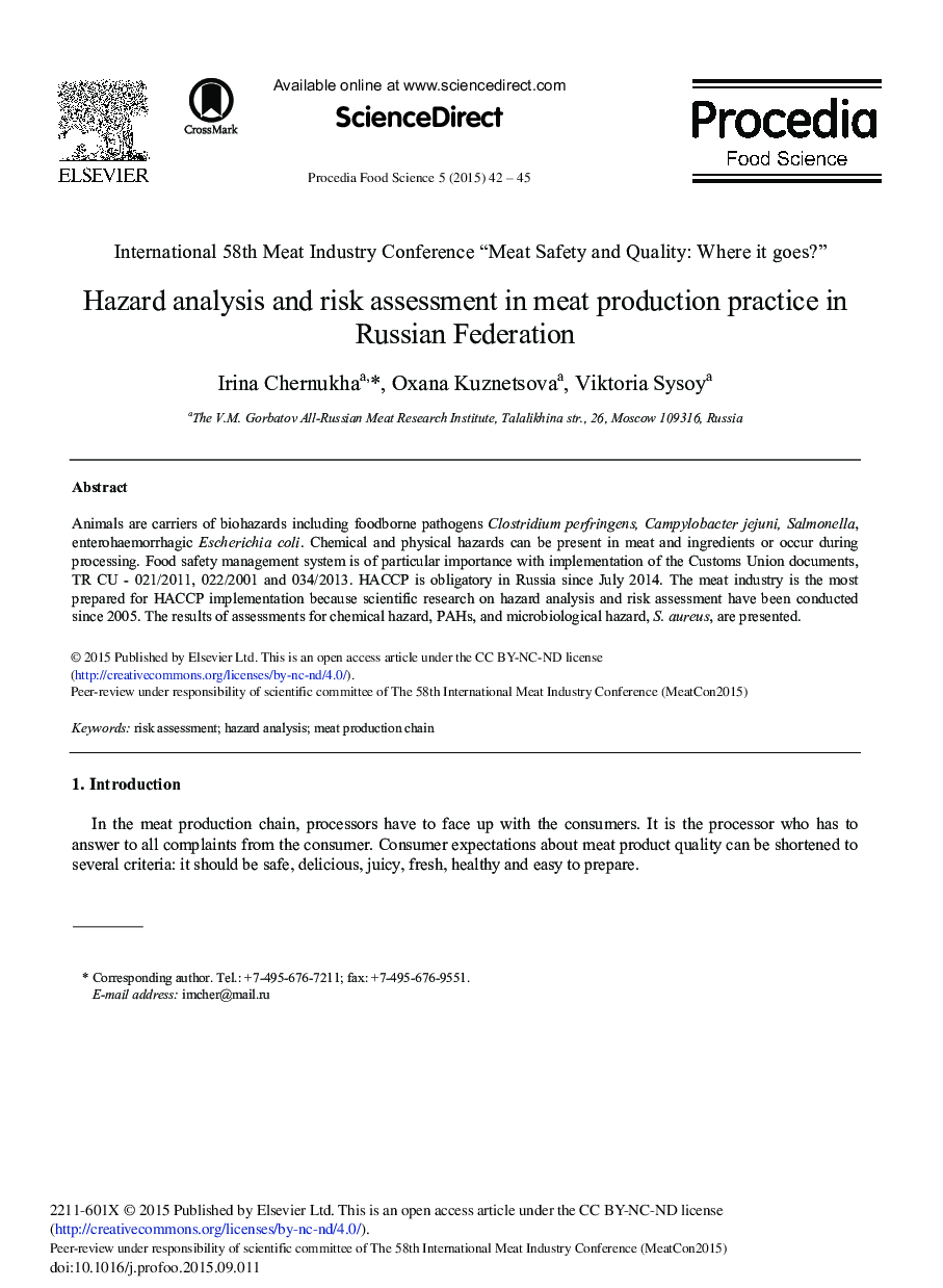 Hazard Analysis and Risk Assessment in Meat Production Practice in Russian Federation 