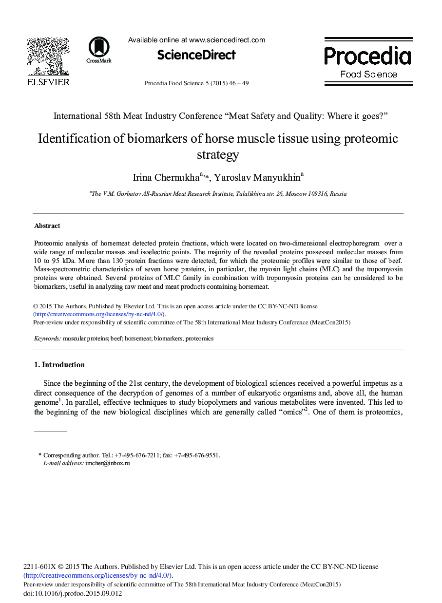 Identification of Biomarkers of Horse Muscle Tissue Using Proteomic Strategy 