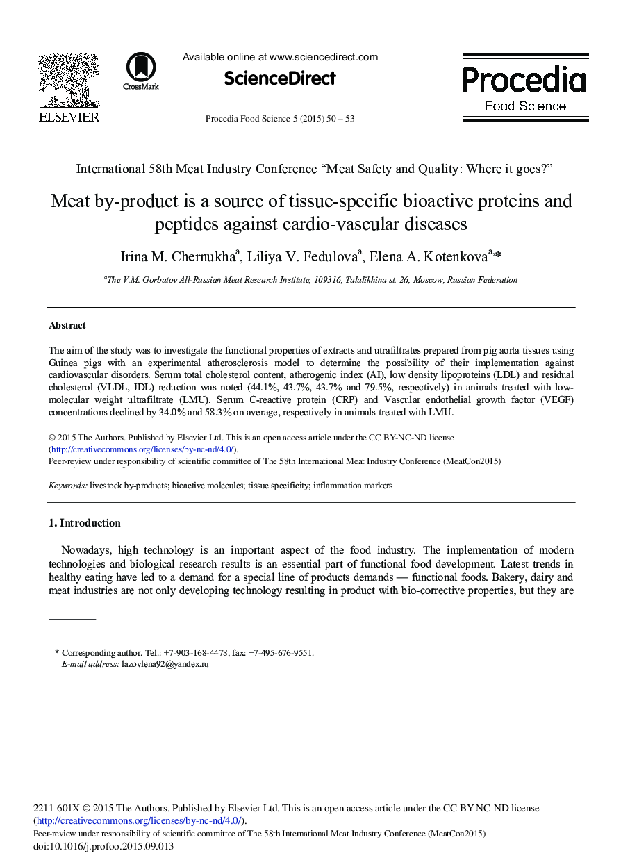 Meat by-product is a Source of Tissue-specific Bioactive Proteins and Peptides against Cardio-vascular Diseases 