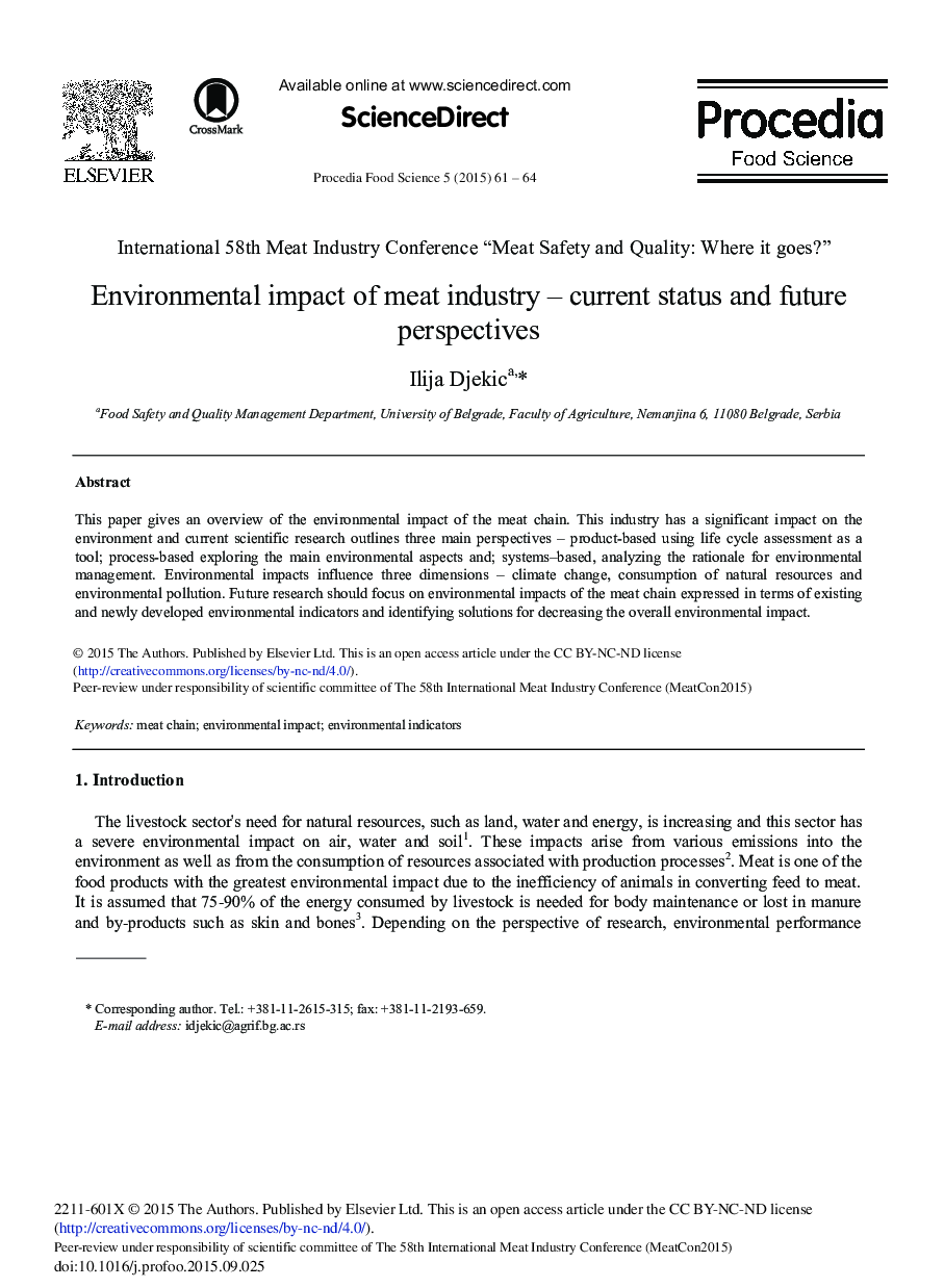 Environmental Impact of Meat Industry - Current Status and Future Perspectives