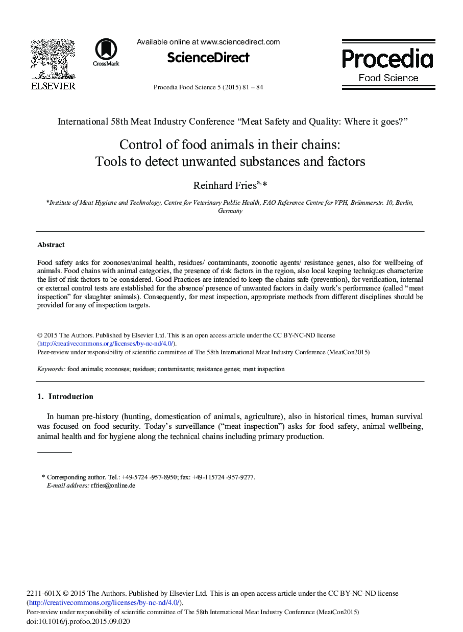 Control of Food Animals in Their Chains: Tools to Detect Unwanted Substances and Factors 