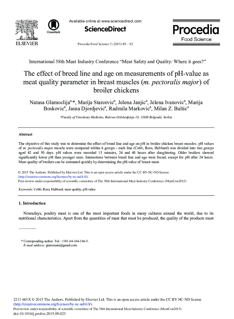 The Effect of Breed Line and Age on Measurements of pH-value as Meat Quality Parameter in Breast Muscles (m. Pectoralis Major) of Broiler Chickens 