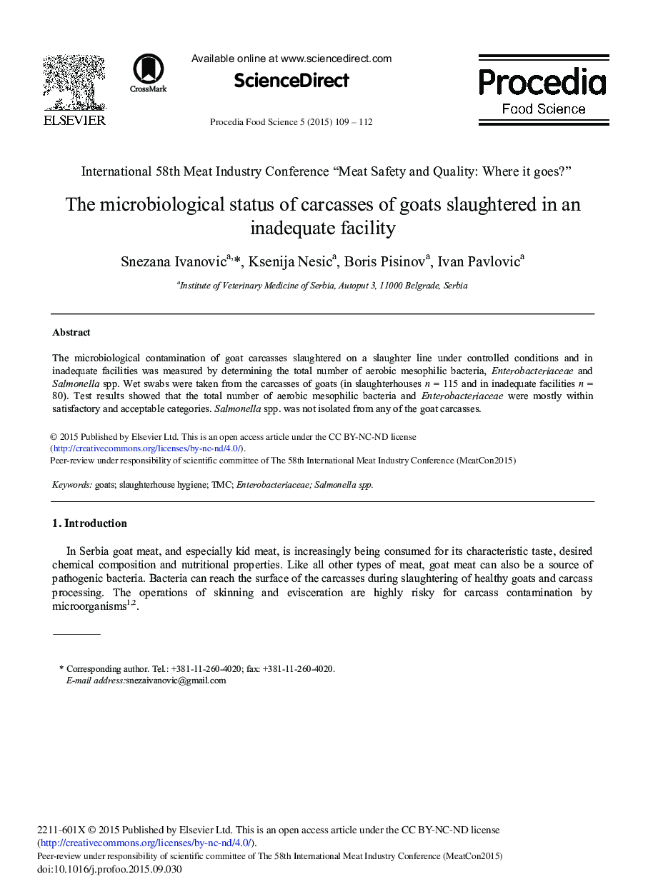 The Microbiological Status of Carcasses of Goats Slaughtered in an Inadequate Facility 