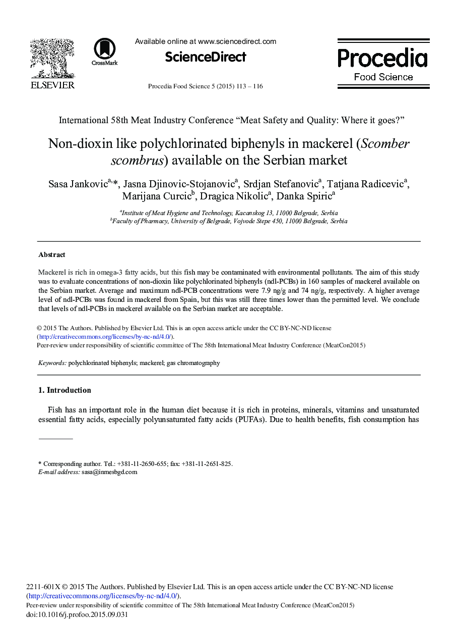 Non-dioxin like polychlorinated biphenyls in mackerel (Scomber scombrus) available on the Serbian market 