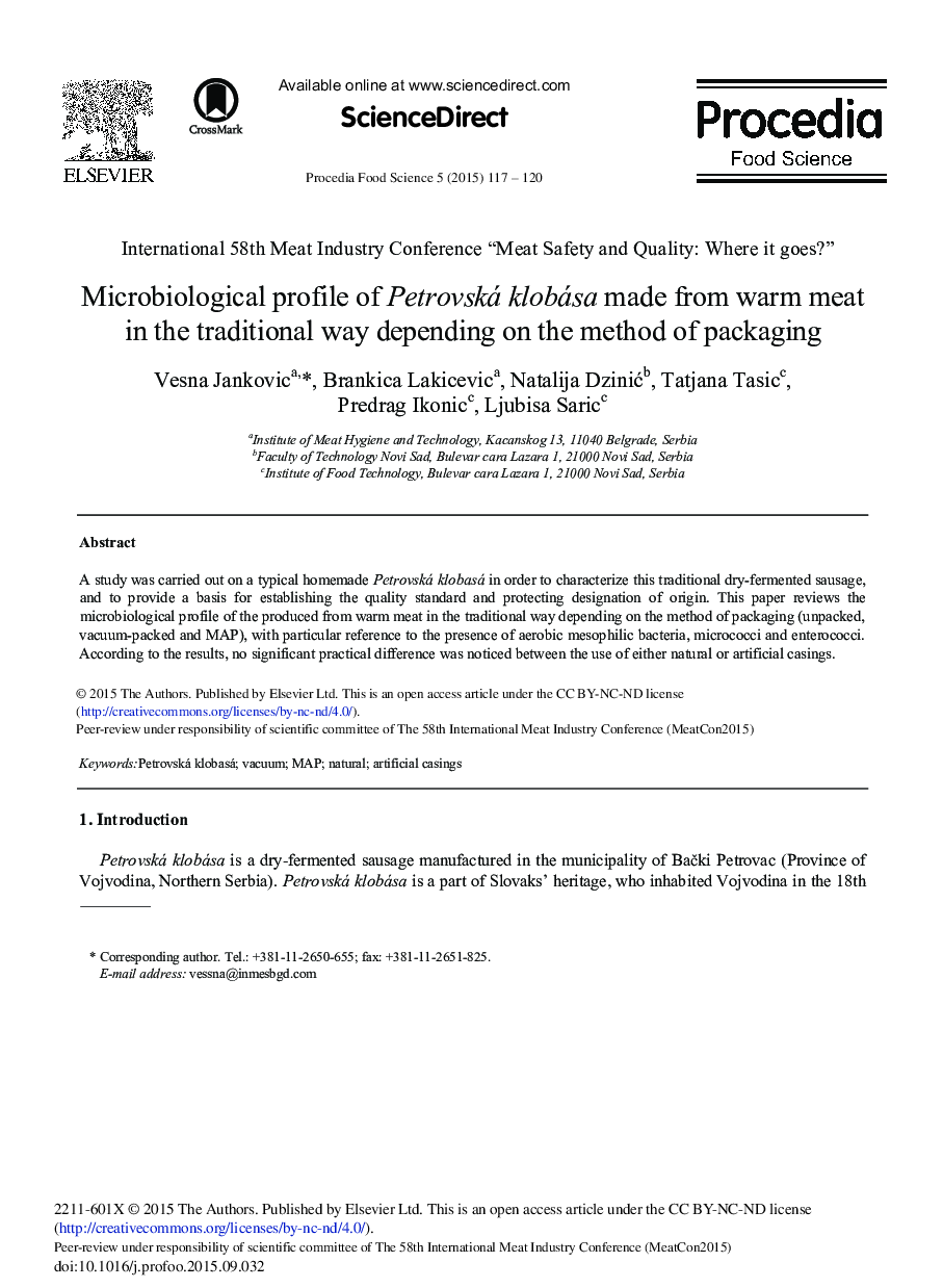 Microbiological Profile of Petrovská Klobása Made from Warm Meat in the Traditional Way Depending on the Method of Packaging 