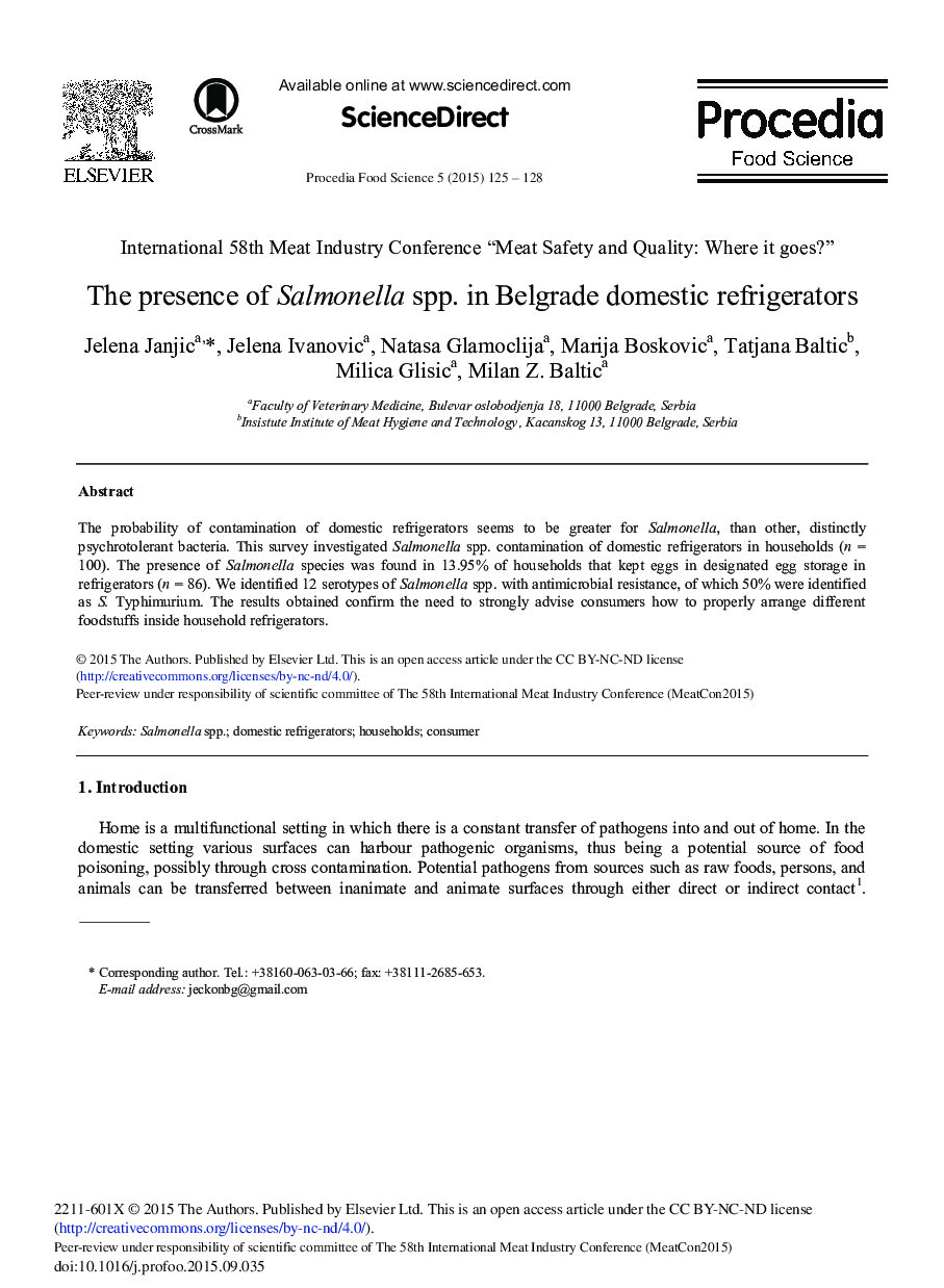 The Presence of Salmonella spp. in Belgrade Domestic Refrigerators 