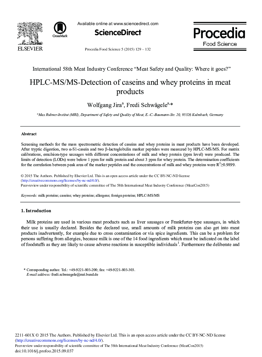 HPLC-MS/MS-Detection of Caseins and Whey Proteins in Meat Products 