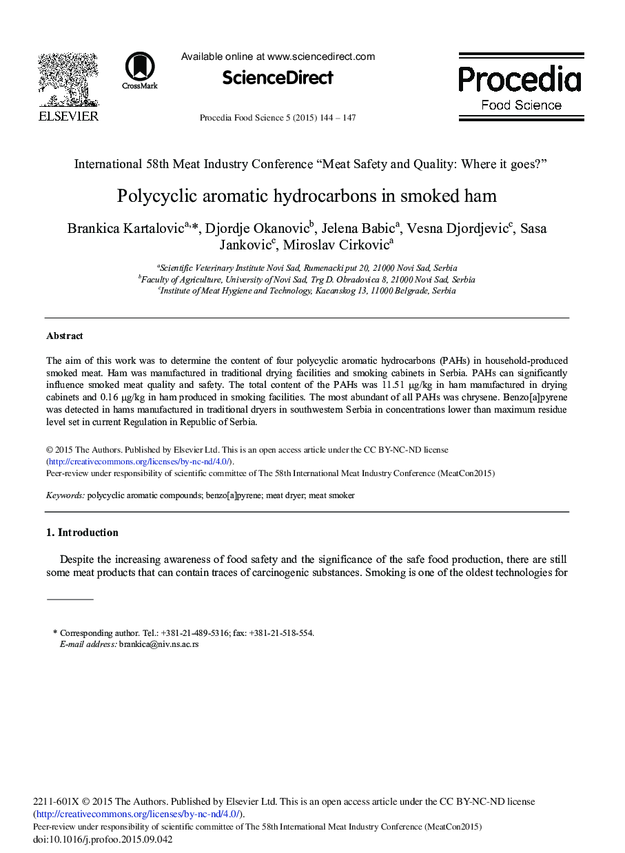 Polycyclic Aromatic Hydrocarbons in Smoked Ham 