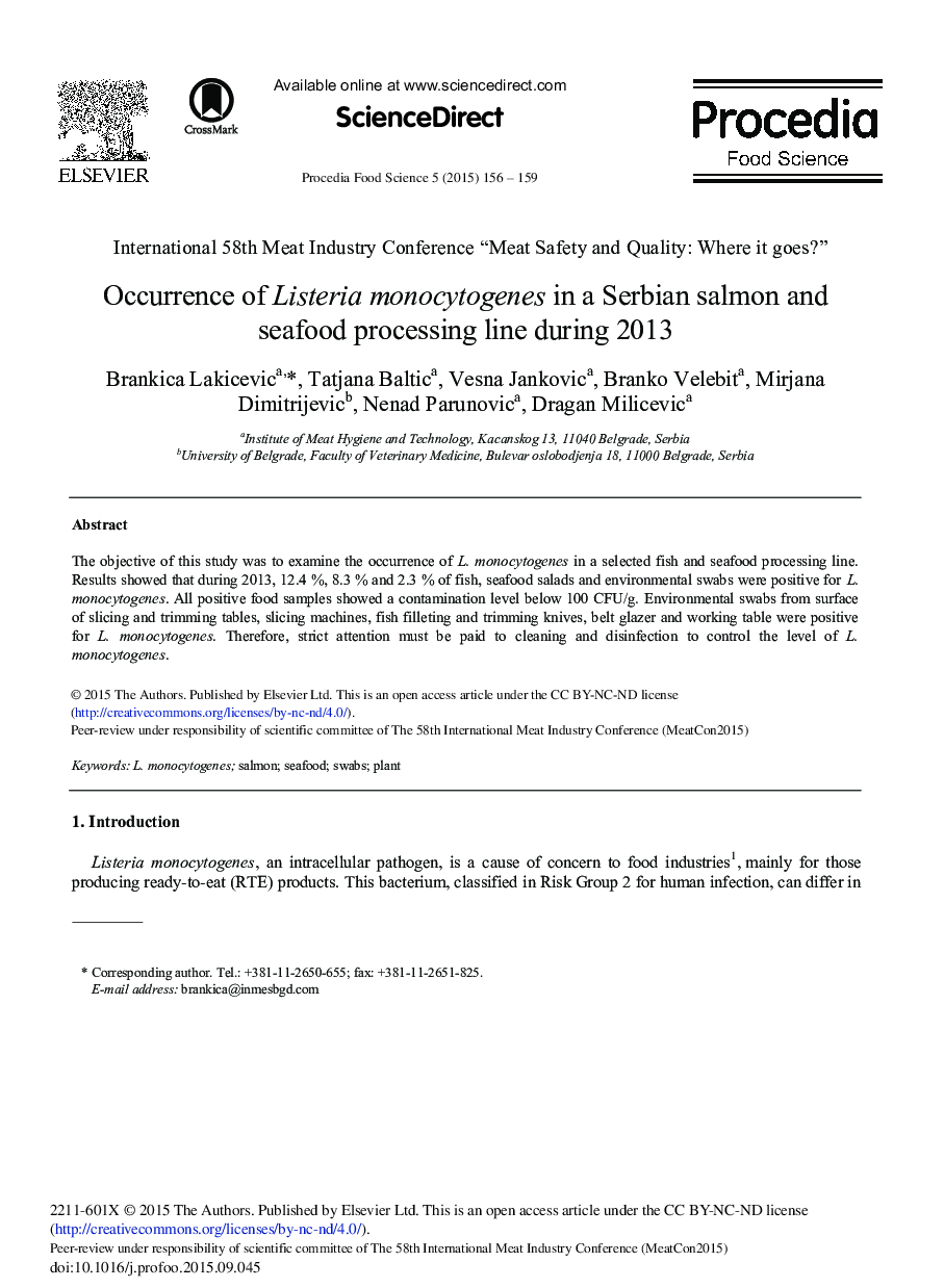 Occurrence of Listeria Monocytogenes in a Serbian Salmon and Seafood Processing Line During 2013 