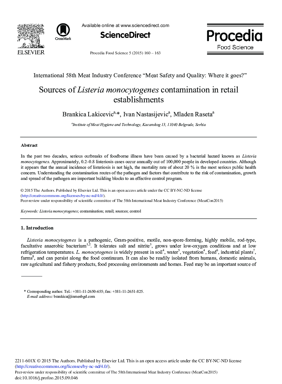 Sources of Listeria Monocytogenes Contamination in Retail Establishments 