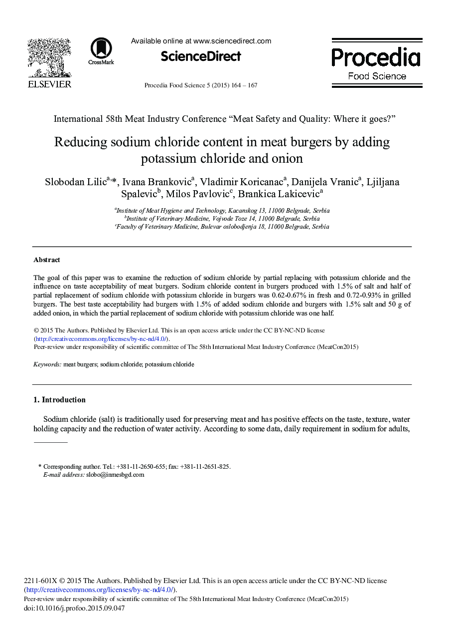 Reducing Sodium Chloride Content in Meat Burgers by Adding Potassium Chloride and Onion 