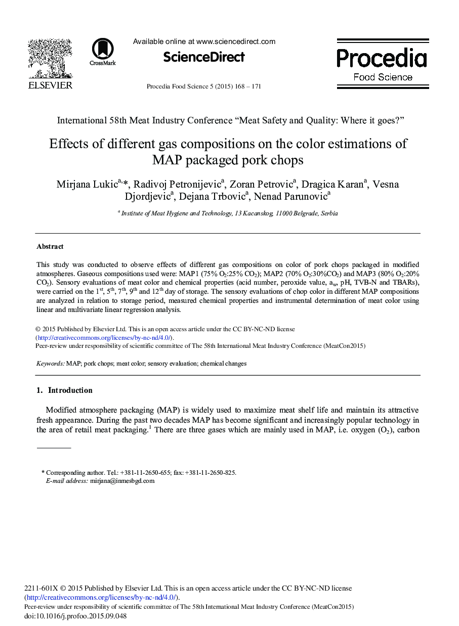 Effects of Different Gas Compositions on the Color Estimations of MAP Packaged Pork Chops 