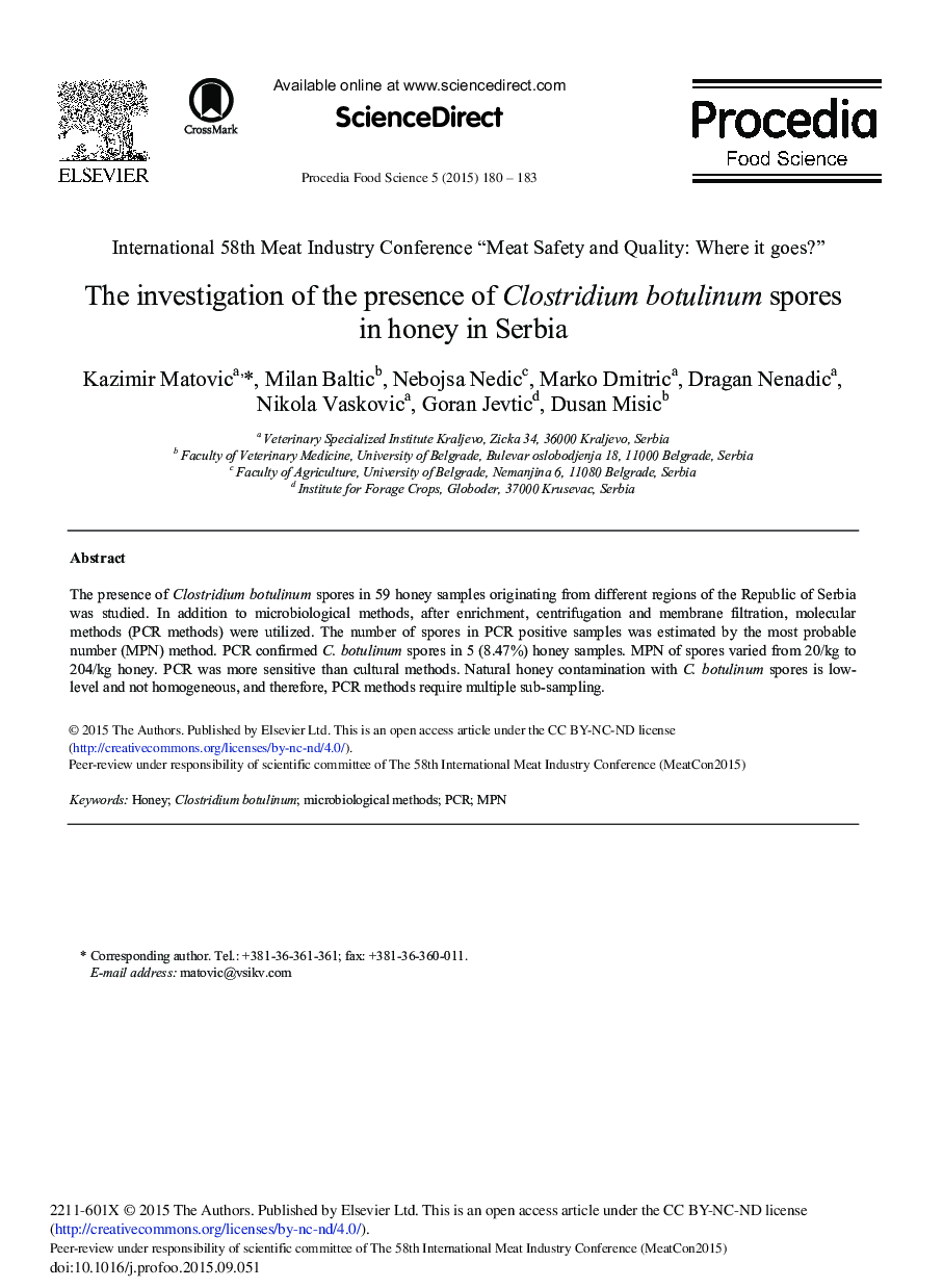 The Investigation of the Presence of Clostridium Botulinum Spores in Honey in Serbia 