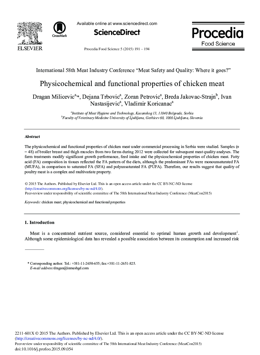 Physicochemical and Functional Properties of Chicken Meat 