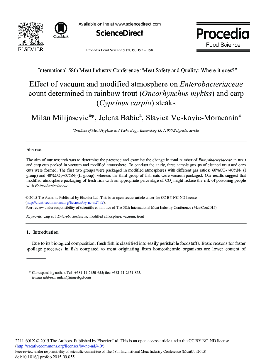 Effect of Vacuum and Modified Atmosphere on Enterobacteriaceae Count Determined in Rainbow Trout (Oncorhynchus Mykiss) and Carp (Cyprinus Carpio) Steaks 